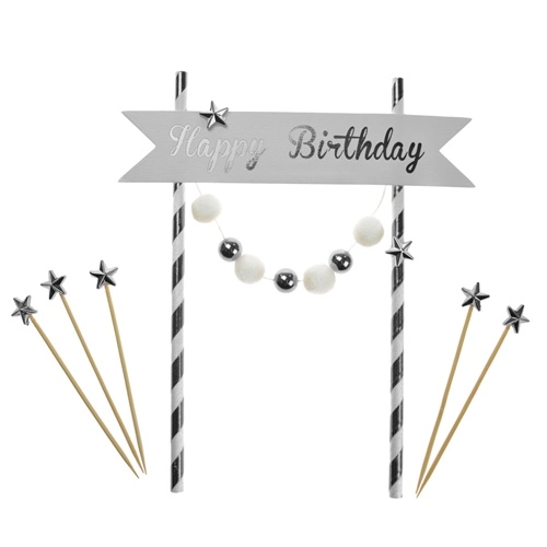 Topper girlanda ozdoby na tort napis Happy Birthday pomponiki gwiazdki biało-srebrne dekoracje urodzinowe
